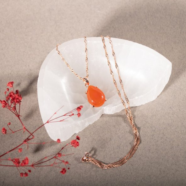 Karnelyan Akik Doğal Taş Rose Gümüş Damla Kolye - 7