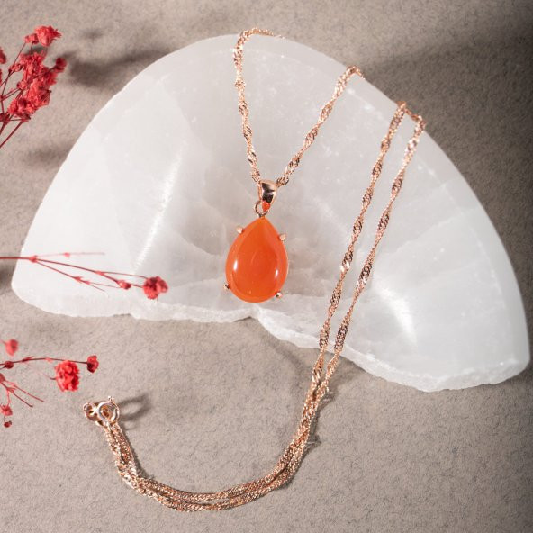 Karnelyan Akik Doğal Taş Rose Gümüş Damla Kolye - 3