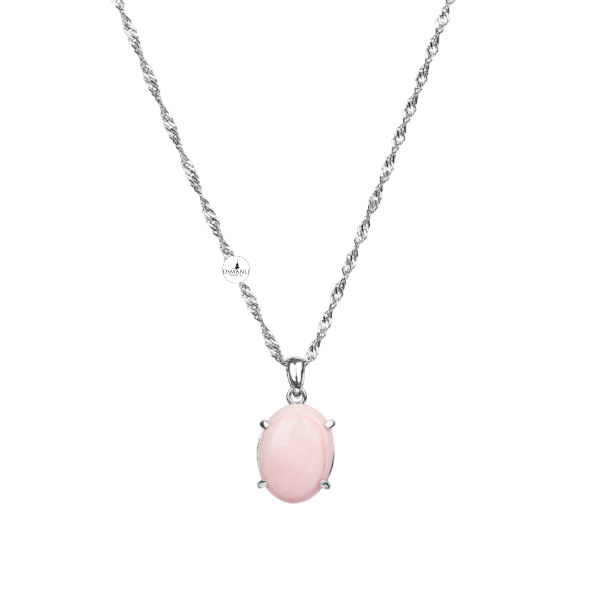 Pembe Kuvars Doğal Taş Gümüş Oval Kolye
