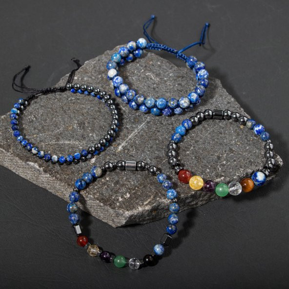 Çakra-Lapis Bileklik Seti Ametist, Kaplan Gözü, Akik, Kuvars, Lapis - 7