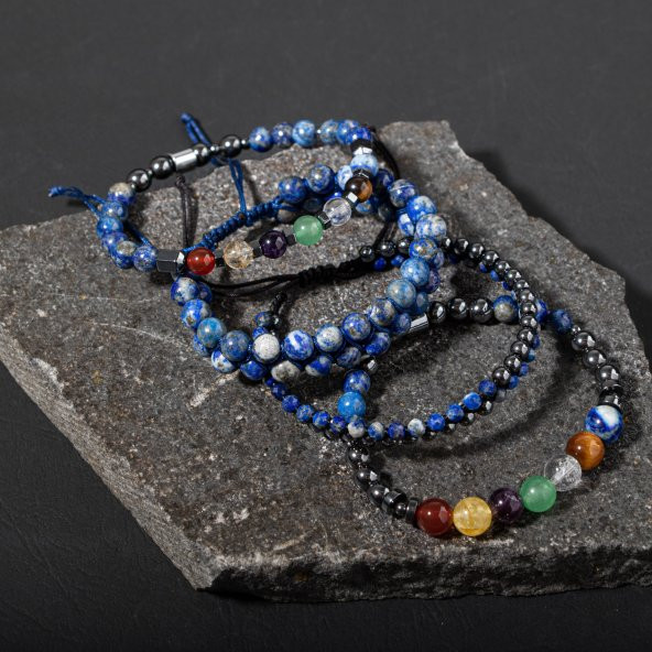 Çakra-Lapis Bileklik Seti Ametist, Kaplan Gözü, Akik, Kuvars, Lapis - 8