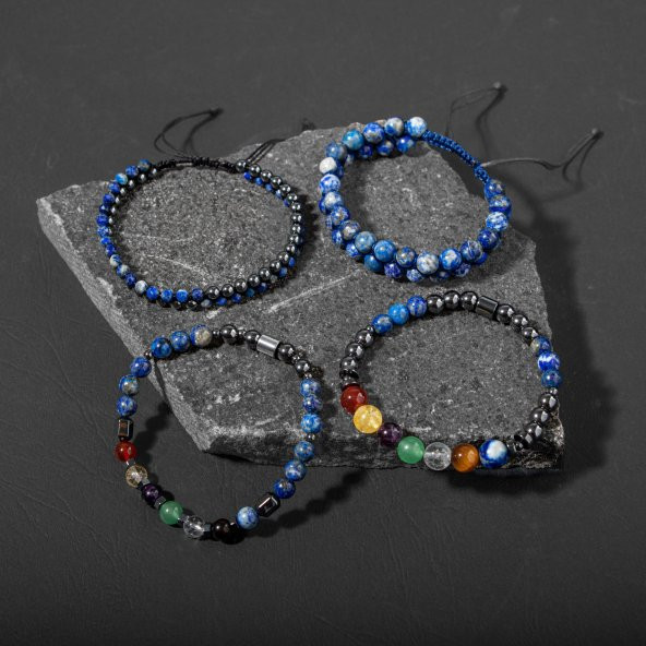 Çakra-Lapis Bileklik Seti Ametist, Kaplan Gözü, Akik, Kuvars, Lapis - 12