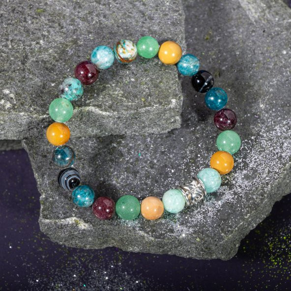 Başak Burcu Bileklik Amazonit, Bordo Granat Lal, Jasper, Krizokol, Mavi Apatit, Siyah Göz Akik, Yeşil Aventurin - Resim 3