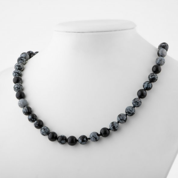 Karlı Obsidyen 8 mm Düğümlü Doğal Taş Kolye - 2
