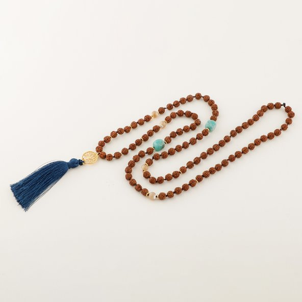 Rudrashka-Sedef-Amazonit Hayat Ağacı Mala Kolye - 9