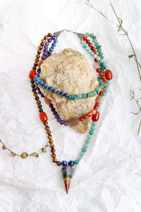 Etiyopya, Akik-Ametist-Lapis-Kaplangözü-Aventurin-Amazonit Doğal Taş Kolye - Resim 3