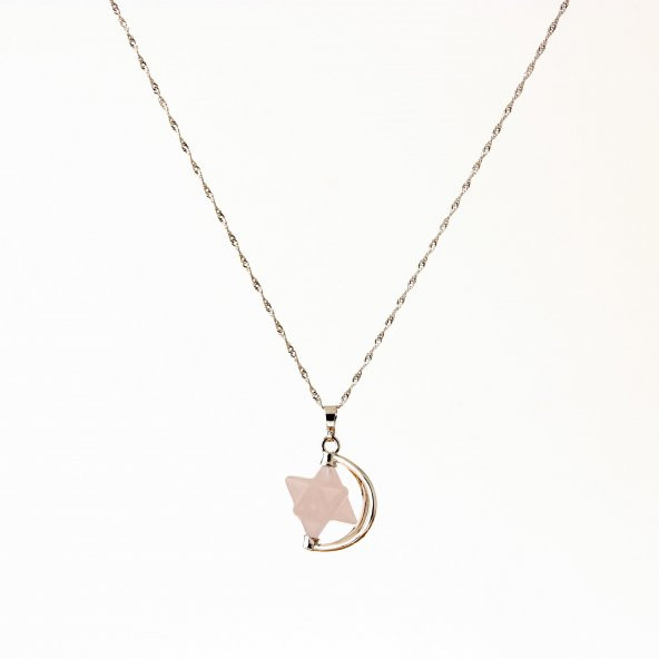 Pembe Kuvars Doğal Taş Yıldızlı Kolye, Gümüş Zincir - 2
