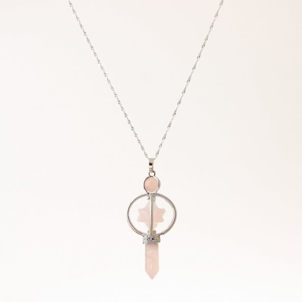 Pembe Kuvars Doğal Taş Markapon Yıldızlı Kolye, Gümüş Zincir - 2