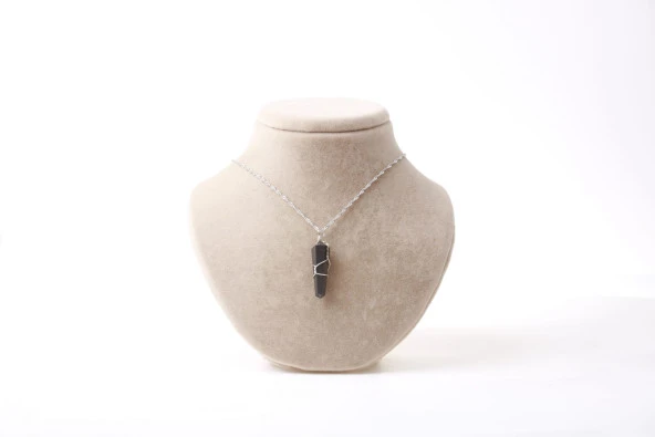 Obsidyen Doğal Taş Kolye Ucu 3x1 cm, Gümüş Zincir - 2