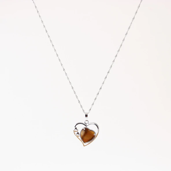 Kaplan Gözü Doğal Taş Kalpli Kolye, Gümüş Zincir - 2