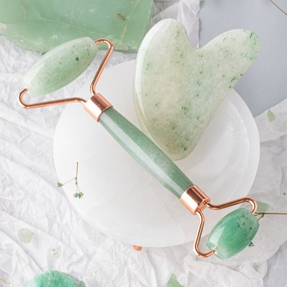Aventurin Taşı Masaj Takımı - Roller ve Gua Sha Kalpli Set - 7