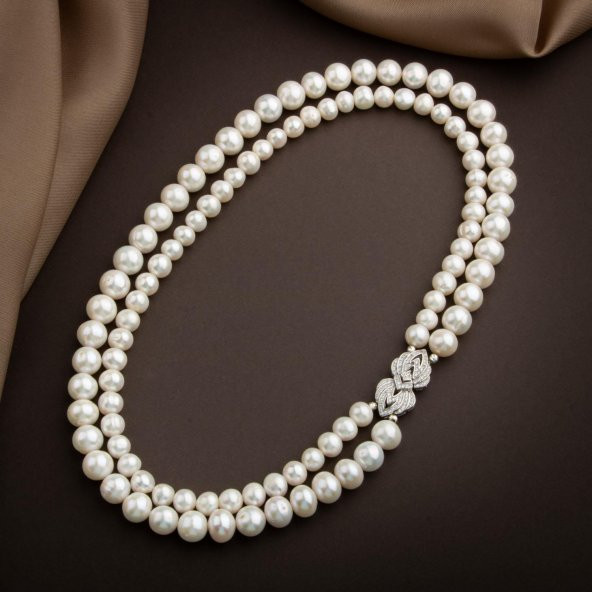 İnci Doğal Taş Gümüş Kilit Kolye - 54cm