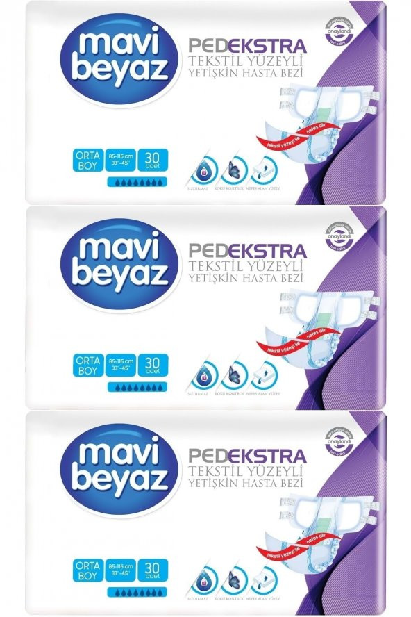 Mavi Beyaz PedEkstra Orta Boy Medium Belbantlı Hasta Bezi 30lu 3 paket / 90 adet - 1