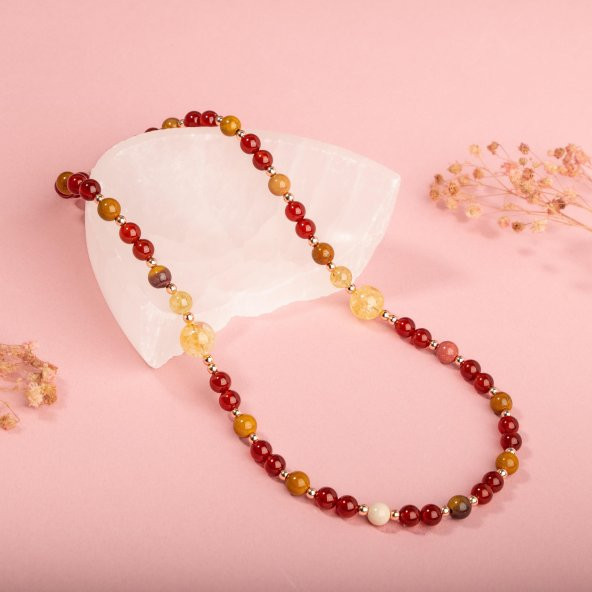 Kırmızı Akik-Sitrin-Jasper-Hematit Doğal Taş Gümüş Kolye - 5