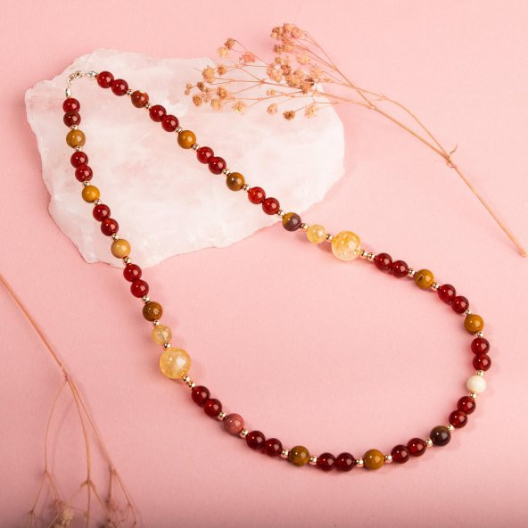 Kırmızı Akik-Sitrin-Jasper-Hematit Doğal Taş Gümüş Kolye - 2