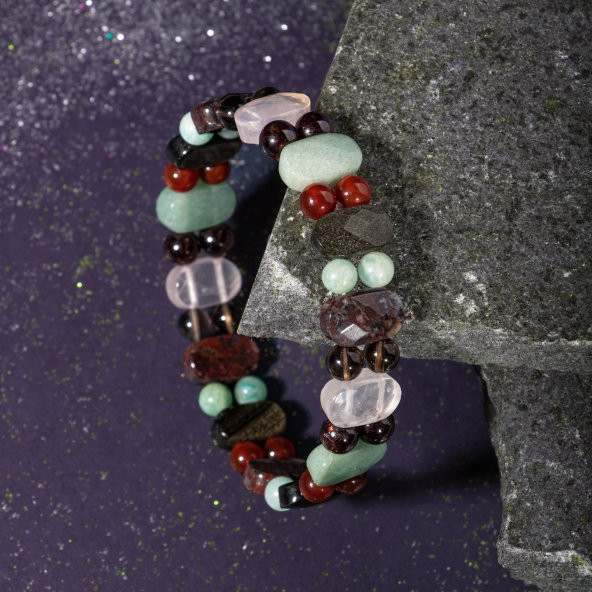 Başak Burcu Bileklik Amazonit, Bordo Granat Lal, Dumanlı Kuvars, Golden Obsidyen, Jasper, Kırmızı Akik, Pembe Kuvars, Yeşil Aventurin - 3