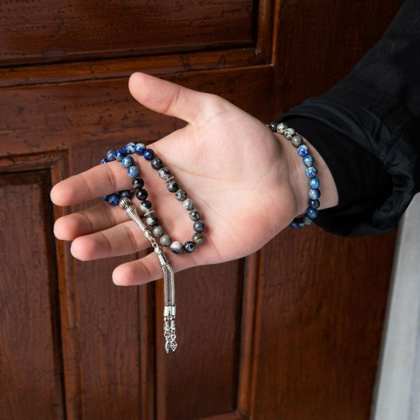 Lapis Lazuli-Jasper Doğal Taş Tesbih Bileklik Seti - 6