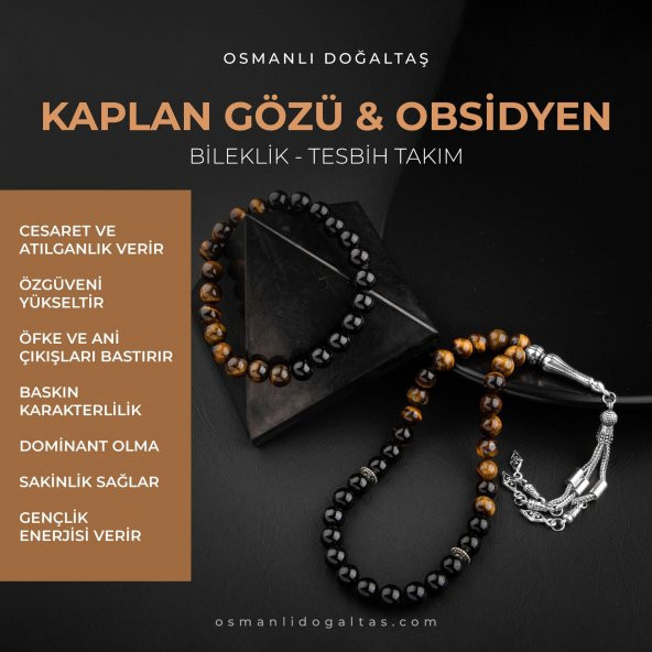 Kaplan Gözü-Obsidyen Doğal Taş Tesbih Bileklik Seti