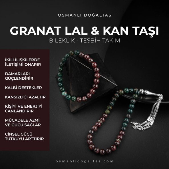 Kan Taşı-Bordo Granat Lal Doğal Taş Tesbih Bileklik Seti
