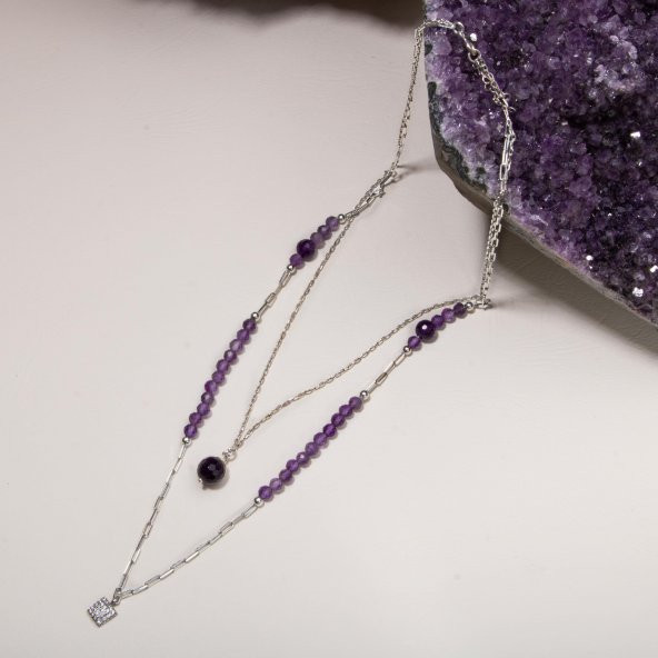 Ametist Doğal Taş 2li Gümüş Tasarım Kolye - 54cm - 2