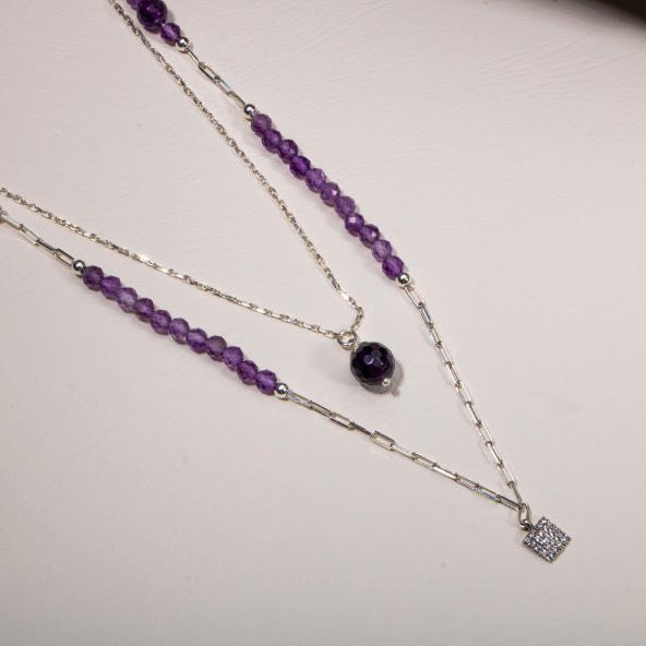 Ametist Doğal Taş 2li Gümüş Tasarım Kolye - 54cm - 3