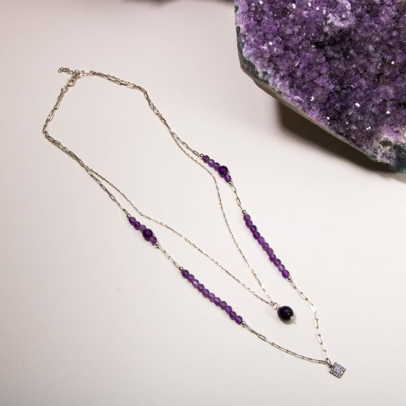 Ametist Doğal Taş 2li Gümüş Tasarım Kolye - 54cm - 4