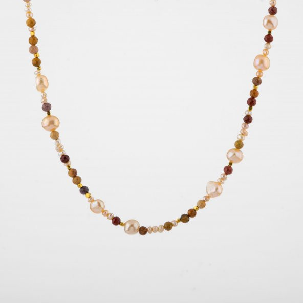 İnci-Jasper Doğal Taş Altın Kaplama Kapama Kolye