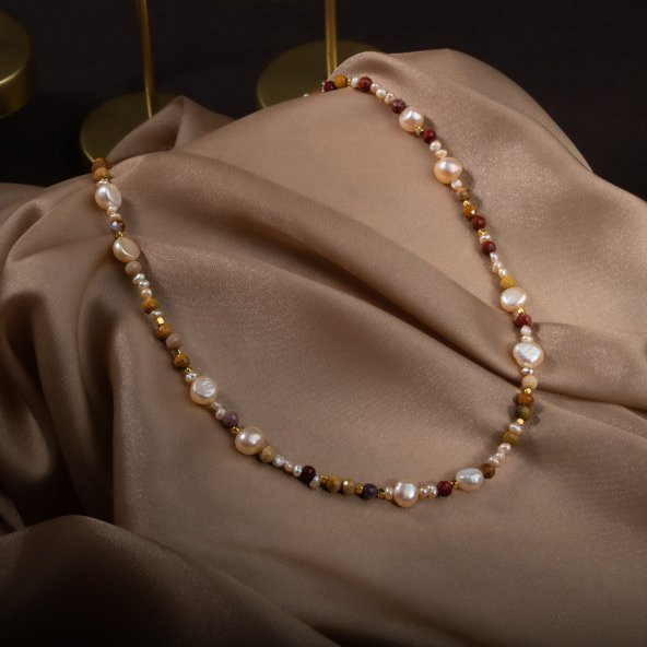 İnci-Jasper Doğal Taş Altın Kaplama Kapama Kolye - 7