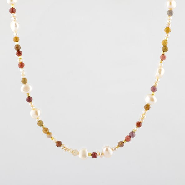 İnci-Jasper Doğal Taş Altın Kaplama Kapama Kolye - 8