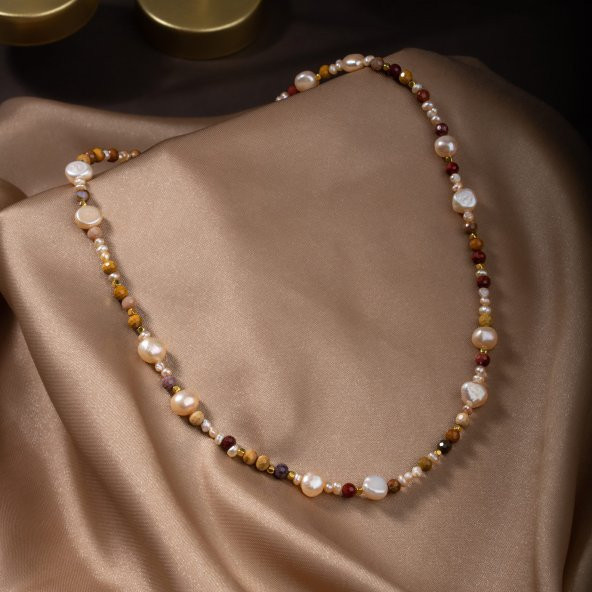 İnci-Jasper Doğal Taş Altın Kaplama Kapama Kolye - 9