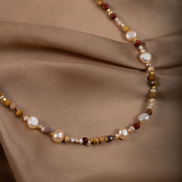 İnci-Jasper Doğal Taş Altın Kaplama Kapama Kolye - 10