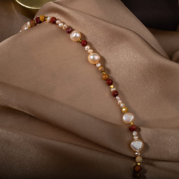 İnci-Jasper Doğal Taş Altın Kaplama Kapama Kolye - 12