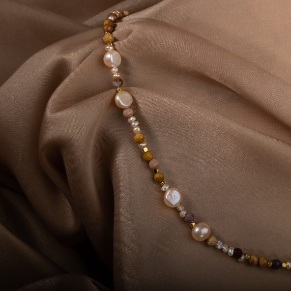 İnci-Jasper Doğal Taş Altın Kaplama Kapama Kolye - 11