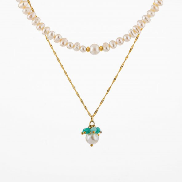 İnci-Amazonit Altın Kaplama Zincir Doğal Taş Kolye