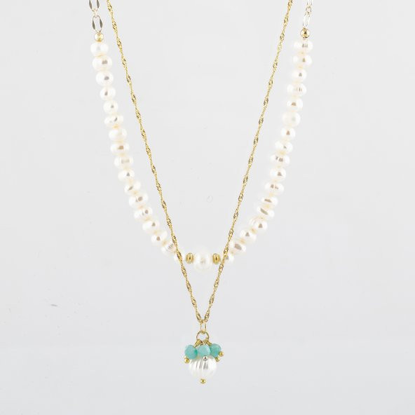 İnci-Amazonit Altın Kaplama Zincir Doğal Taş Kolye - 2