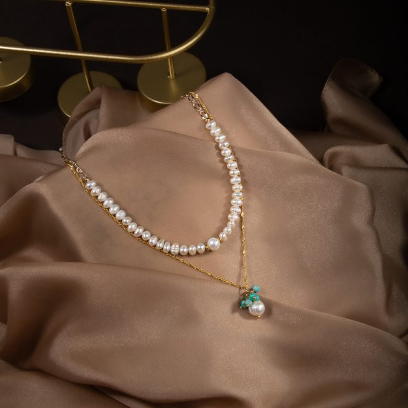 İnci-Amazonit Altın Kaplama Zincir Doğal Taş Kolye - 3