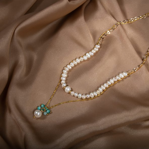 İnci-Amazonit Altın Kaplama Zincir Doğal Taş Kolye - 4