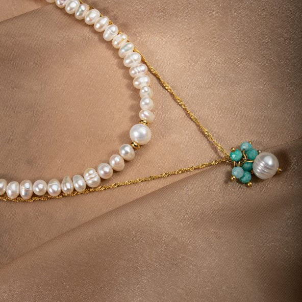 İnci-Amazonit Altın Kaplama Zincir Doğal Taş Kolye - 10