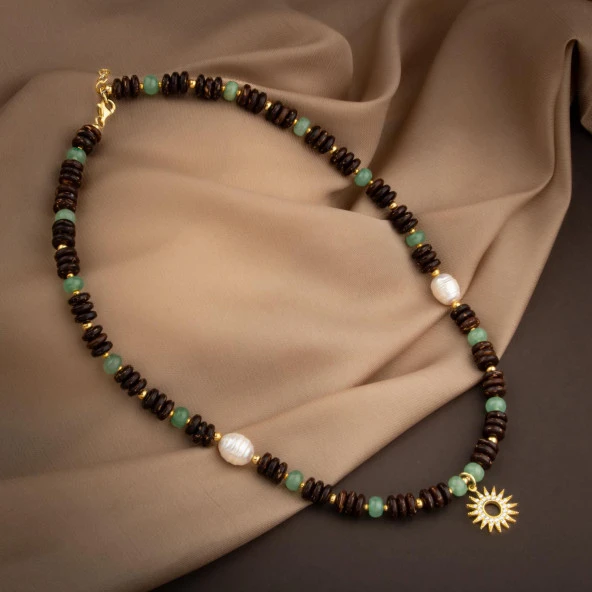 Hindistan Cevizi Kabuğu-Yeşil Aventurin-İnci Doğal Taş Gümüş Tasarım Kolye - 54cm - 3