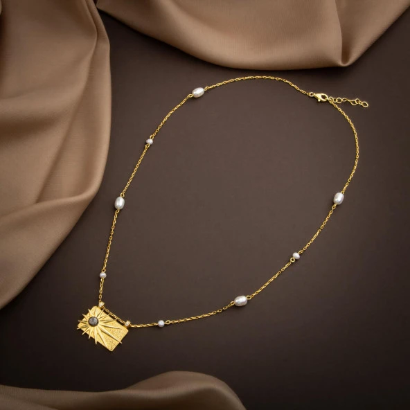 Ay Taşı Taşlı İnci Doğal Taş Gümüş Tasarım Kolye - 54cm - 5