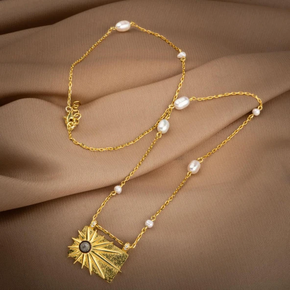 Ay Taşı Taşlı İnci Doğal Taş Gümüş Tasarım Kolye - 54cm