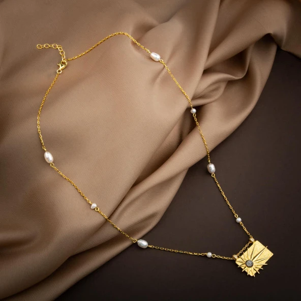 Ay Taşı Taşlı İnci Doğal Taş Gümüş Tasarım Kolye - 54cm - 3