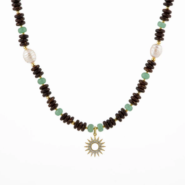 Hindistan Cevizi Kabuğu-Yeşil Aventurin-İnci Doğal Taş Gümüş Tasarım Kolye - 54cm - 5