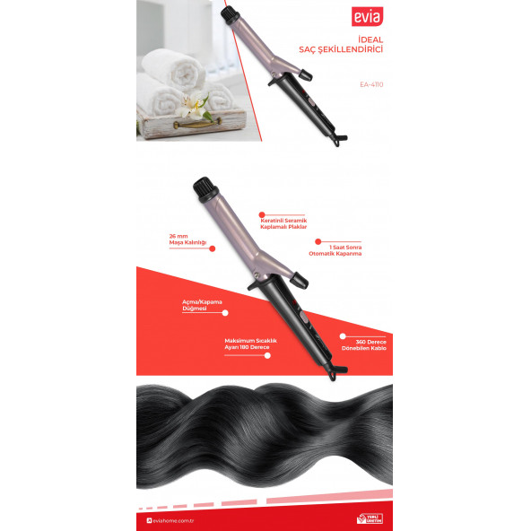 Evia Ideal Keratin Seramik Plakalı 360 Derece Dönebilir Kablo Saç Şekillendirici Maşa EA-4110 - 8