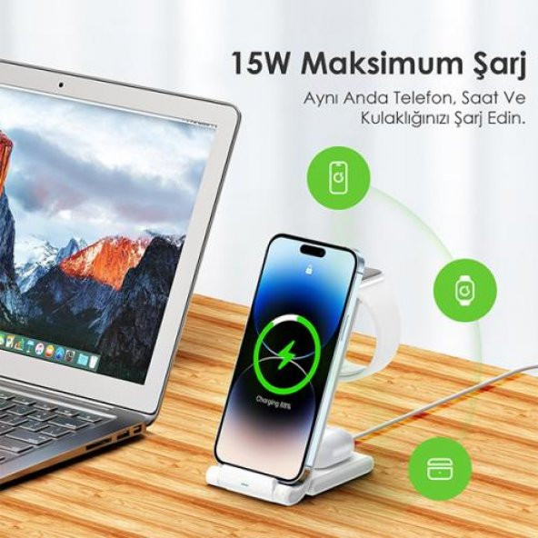 Coofbe Çift Bobinli 15W Super Şarj 3in1 Masaüstü Telefon Şarjı Kulaklık Saat Şarjı İphone Şarj Stand - 5