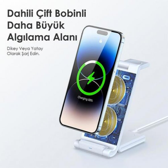Coofbe Çift Bobinli 15W Super Şarj 3in1 Masaüstü Telefon Şarjı Kulaklık Saat Şarjı İphone Şarj Stand - 6