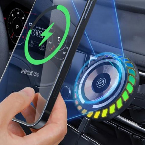 Coofbe Super Şarj Magsafe RGB Işıklı 15W Kablosuz Araç Şarj Araç Tutucu İphone 12 13 14 Pro Max Şarj - 2