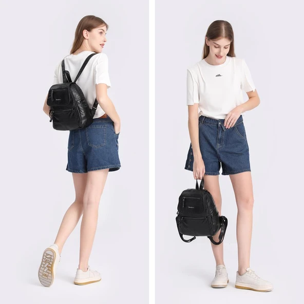 Yıkama Deri Orta Boy Kadın Sırt Çantası 21-K Barcelona 1675 - Resim 5