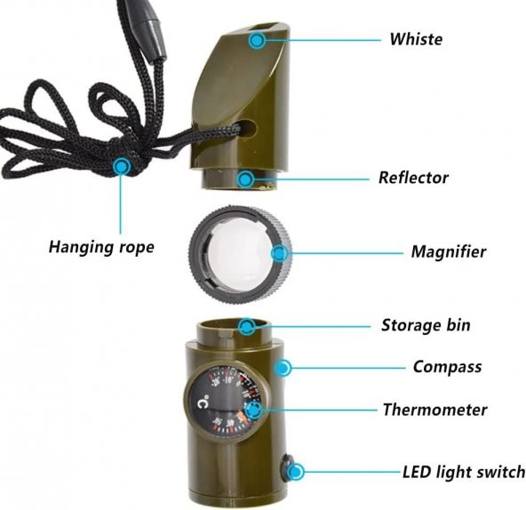 Çok Fonksiyonlu Fenerli Dereceli Pusulalı Büyüteçli Düdük Askeri Düdük Pusula Termometre Led Işık - 4