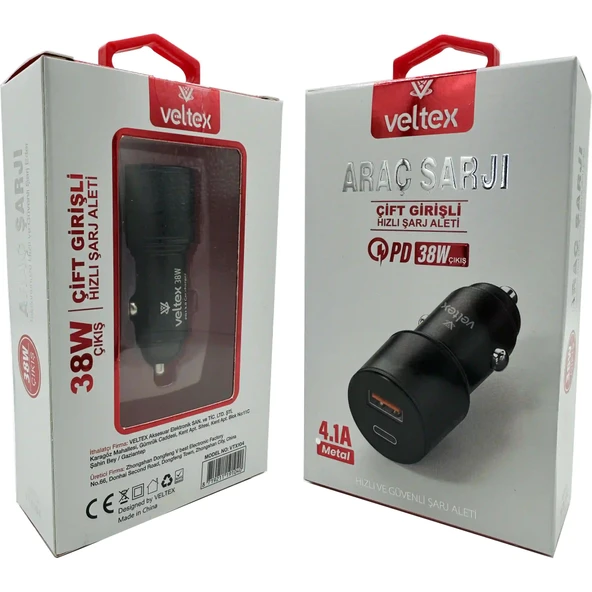 4.1A 38W PD + QC3.0 USB Hızlı Araç Şarj Metal Başlığı Veltex VTX104